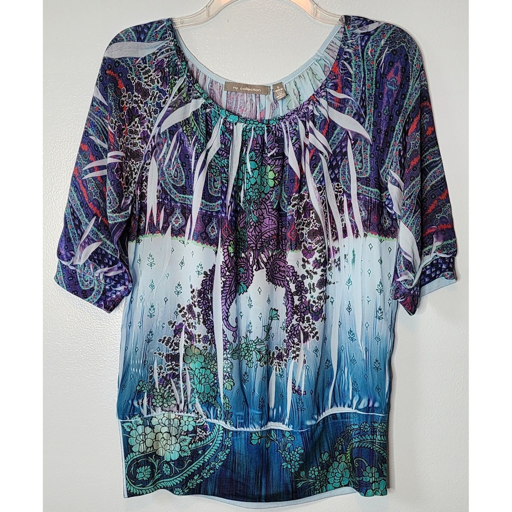 NY Collection Paisley Blouse Sheer Embellished Top‎ Purple Teal S Small - Picture 2 of 7